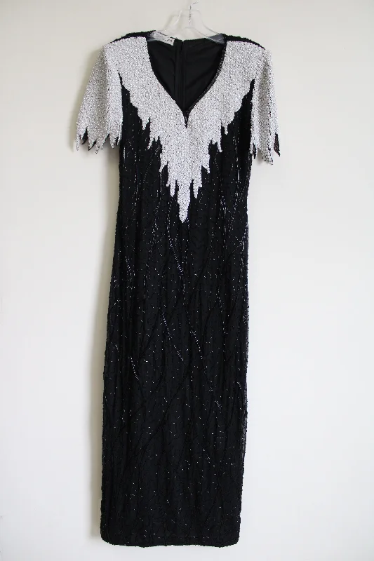 Vintage Scala Beaded Silk Gown Black White Dress Shift Classic Vintage