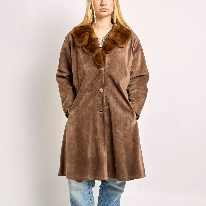 Long Suede Jacket With Fur Collar And Patterned Lining - M V-Neck Jacket Boat Neck Jacket Square Neck Jacket