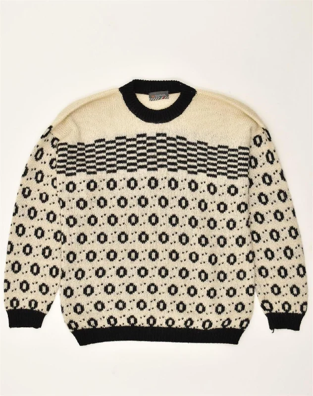 STEFANEL Womens Crew Neck Jumper Sweater UK 18 XL Beige Geometric Acrylic Silk Blend Satin Velvet
