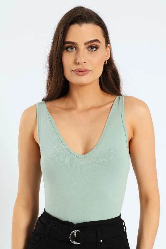 Sleeveless V-Neck Bodysuit - Sage Comfortable Bodysuit with Deep V