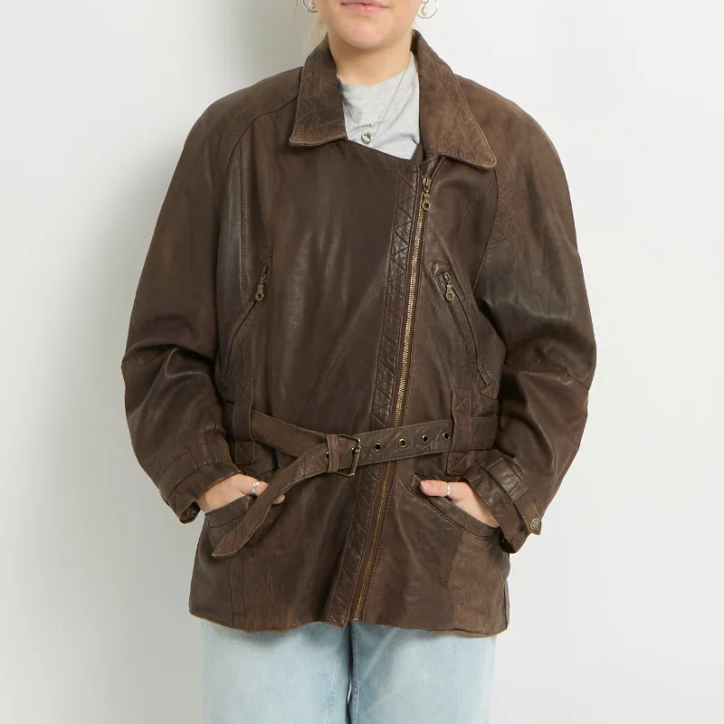 Belted Leather Side Zip Jacket - UK 12 Fleece Fabric Down Fabric Feather Fabric