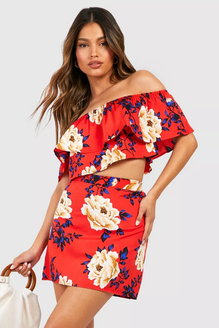 Floral Ruffle Top and Skirt Set corduroy skirt durable