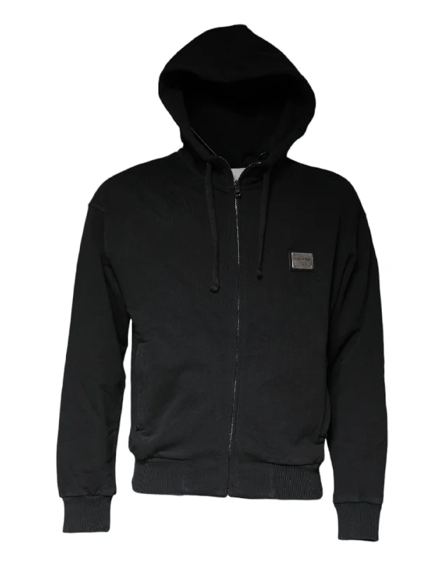Black Logo Plaque Hooded Full Zip Sweater Soft Cozy Warm