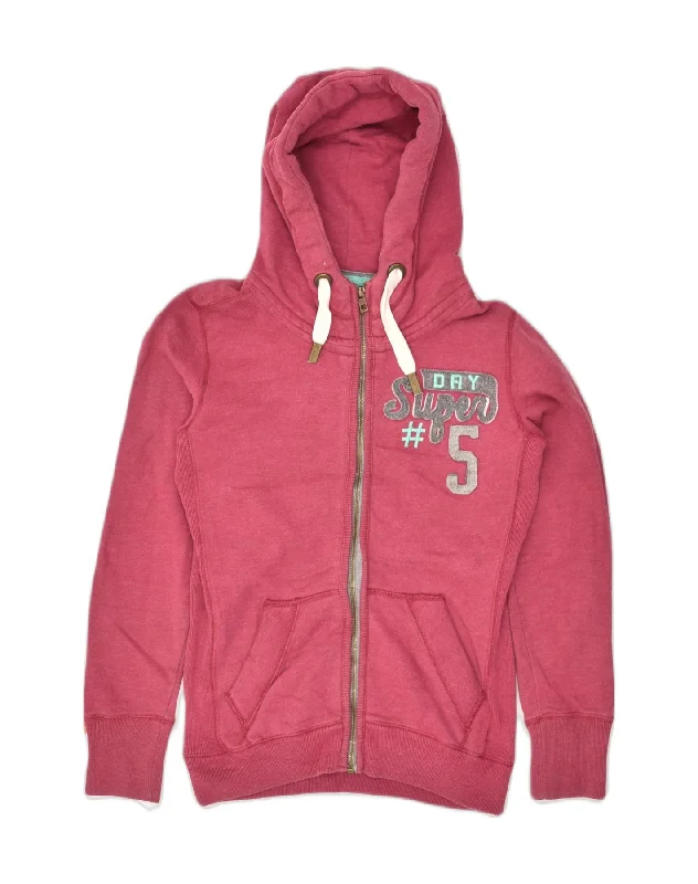 SUPERDRY Womens Zip Hoodie Sweater UK 10 Small Pink Cotton Sweater Knitwear Pullover