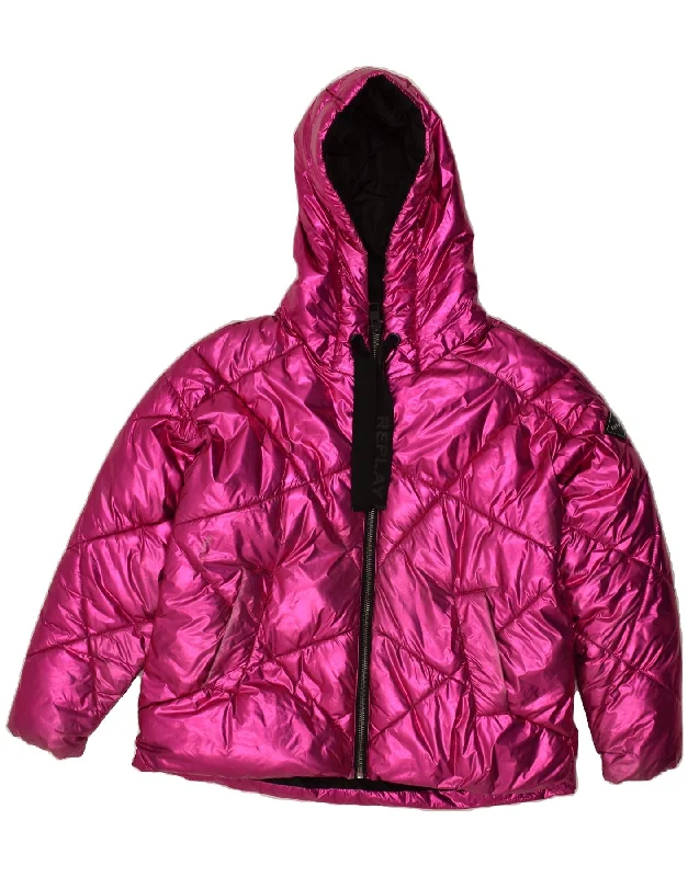 REPLAY Womens Hooded Padded Jacket UK 2 2XS Pink Polyamide Plaid Jacket Tartan Jacket Houndstooth Jacket