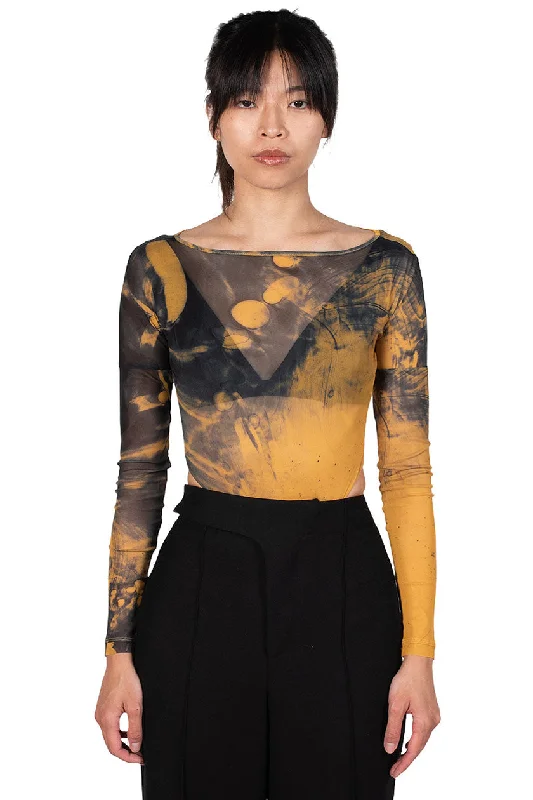 Yellow Printed Mesh Bodysuit Chic Off-Shoulder Bodysuit
