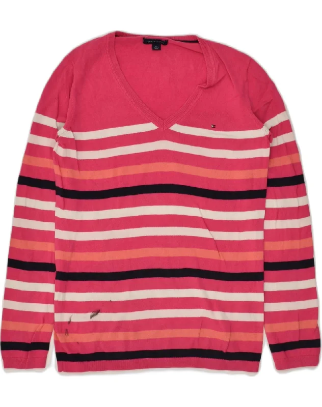 TOMMY HILFIGER Womens V-Neck Jumper Sweater UK 10 Small Pink Striped Beaded Sweater Sequined Faux Fur