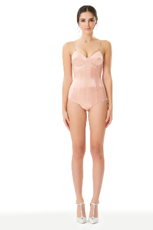Silk Satin Corseted Bodysuit in Pink Elegant Sheer Bodysuit