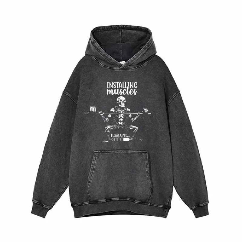 Installing Muscle Skeleton Barbell Vintage Washed Hoodie Hoodie with Belted Waist Structured Tailored