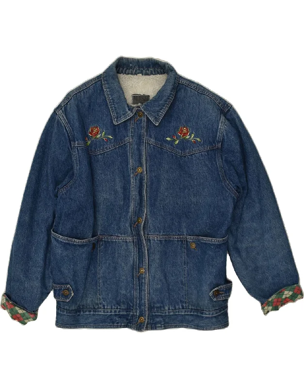 MASH Womens Denim Sherpa Jacket UK 14 Large Blue Floral Cotton Satin Fabric Silk Fabric Chiffon Fabric