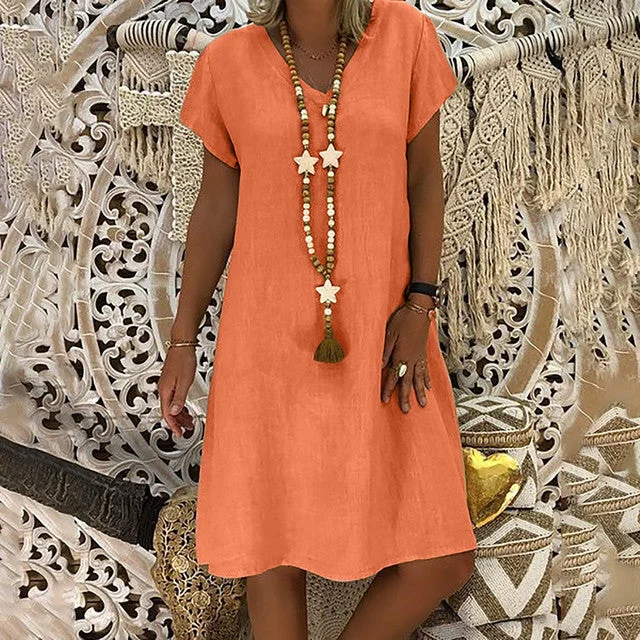Print Short-sleeved V-neck Mid-length Dress Tunics Office stylish