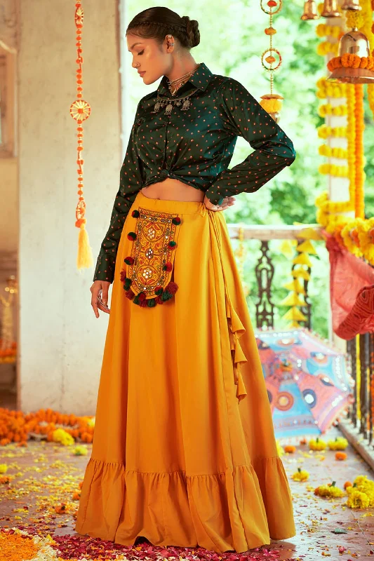 Imperial Yellow Color Cotton Fabric Navratri Special Top Skirt Set leather skirt refined