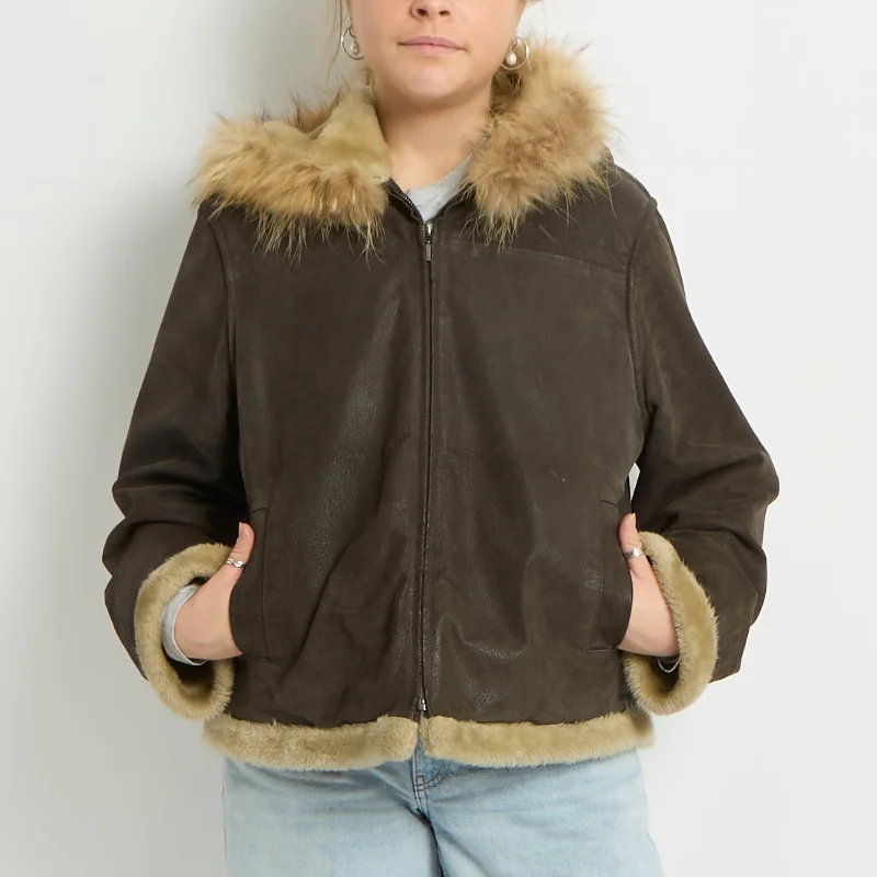 Fur Trim Suede Jacket - UK 10 Fleece Jacket Down Jacket Parka