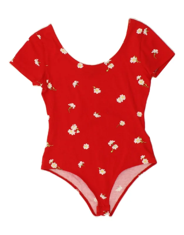 TALLY WEIJL Womens Bodysuit UK 12 Medium Red Floral Cotton Fashionable Plunge Bodysuit