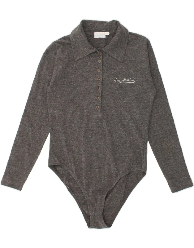 VINTAGE Womens Long Sleeve Bodysuit IT 46/48 Large Grey Cotton Trendy Off-Shoulder Bodysuit