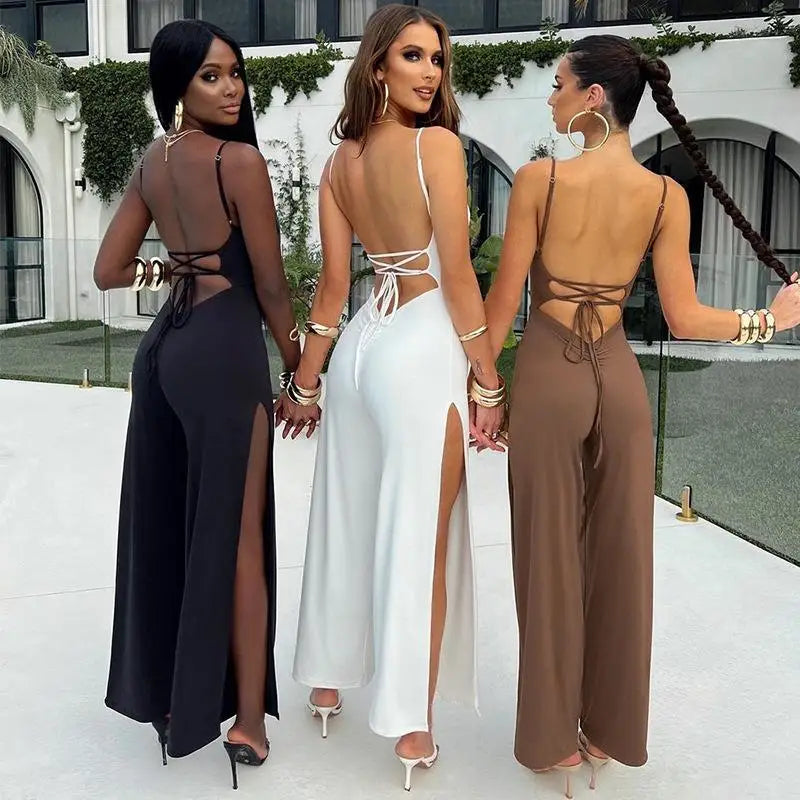 Fashion New Solid Split Backless Sexy Jumpsuit Women Sleeveless Elegant Bodysuit Women Casual Slim Fit Lady Playsuits Stylish Bodysuit with Lace Accents