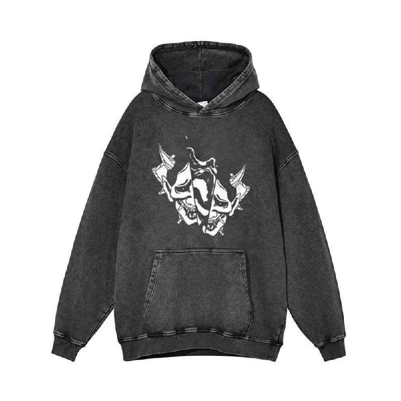 Broken Half Oni Mask Vintage Washed Hoodie Hoodie with Batwing Sleeves Loose Dramatic