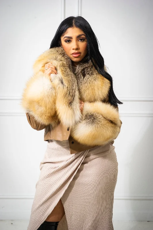 Women's Jade Cropped Leather And Fox Combo Jacket [Tan/Gold] Wool Jacket Cashmere Jacket Tweed Jacket