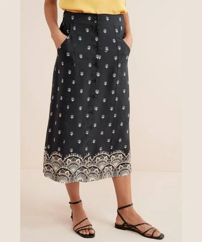 Button Front Print Border Skirt velvet skirt plush