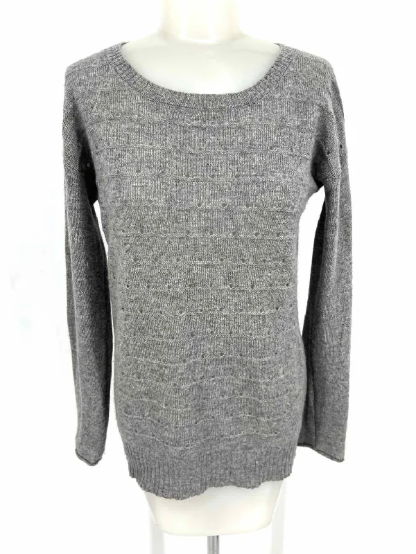 Saffron Women's Gray Crew Cashmere Perforated Size S Sweater Ribbed Striped Patterned