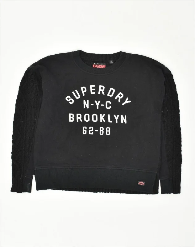 SUPERDRY Womens Oversized Graphic Crew Neck Jumper Sweater UK 4 XS Black Faux Fur Fabric Real Fur Fabric Shearling Fabric