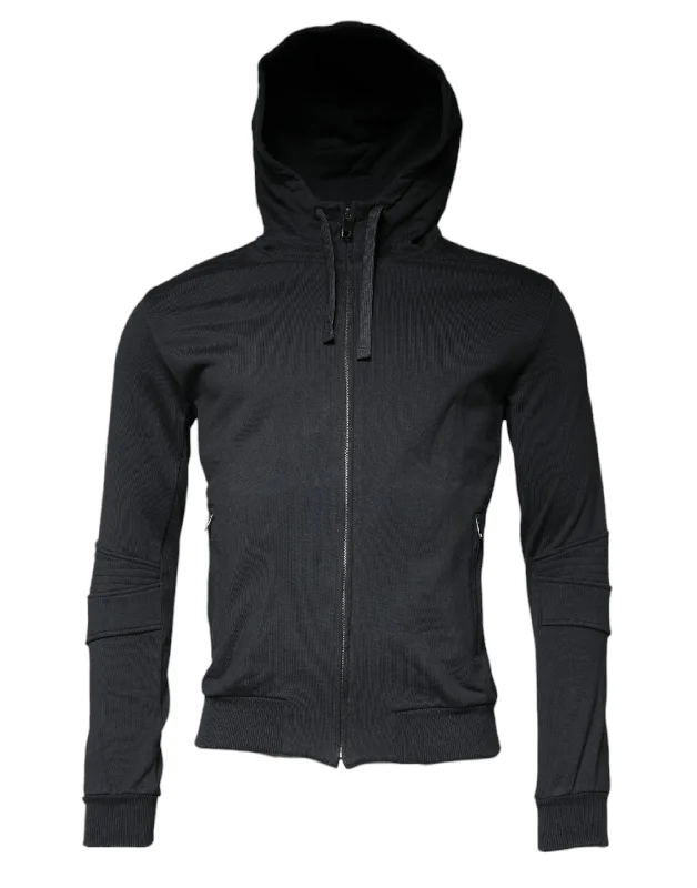 Black Cotton Hooded Men Full Zip Sweater Glossy Satin Silk
