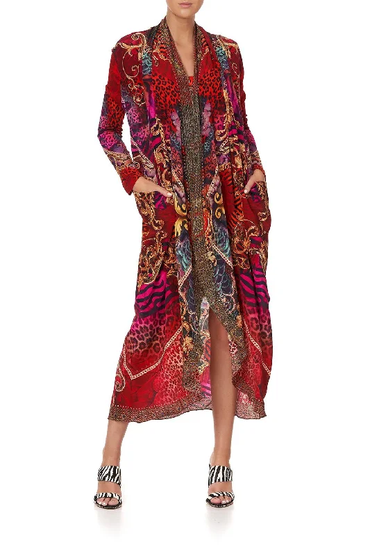 LONG CASUAL JACKET WITH POCKETS SLAVE TO THE RHYTHM A-Line Jacket Boat Neck Shawl Collar