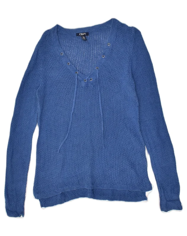 CHAPS Womens V-Neck Jumper Sweater UK 12 Medium Blue Linen Long Sweater Short Sweater Cropped Sweater