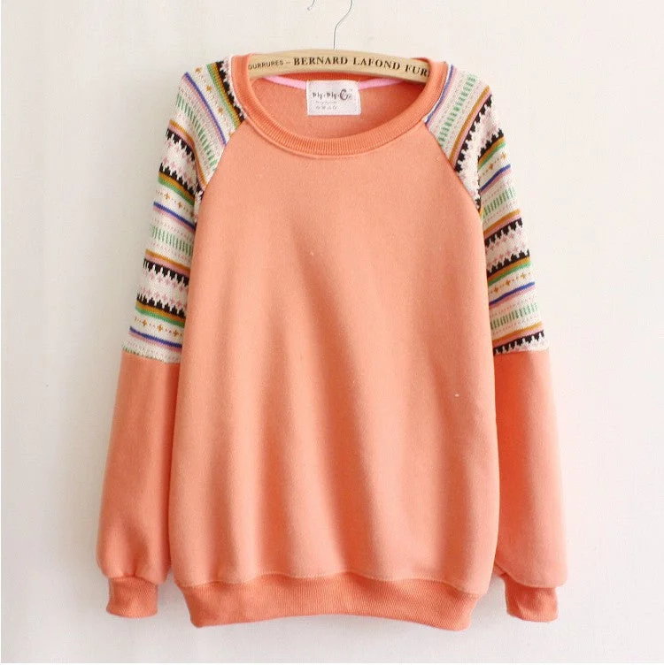 Mix color knitted embroidery sleeve high quality fleece inside winter women's hoodies warm sweatshirts Hoodie with Print Artistic Unique