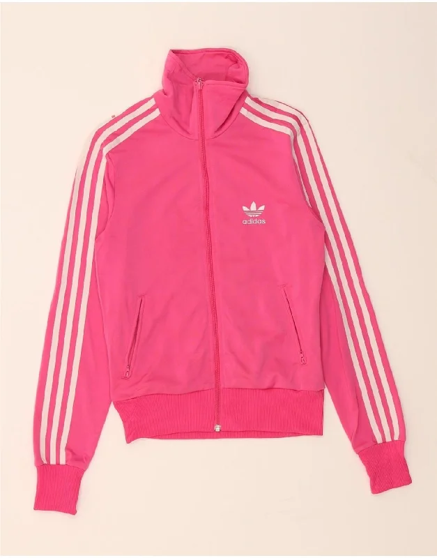 ADIDAS Womens Graphic Tracksuit Top Jacket EU 34 XS Pink Polyester Stand-Up Collar Roll-Neck Collar Turtle Neck
