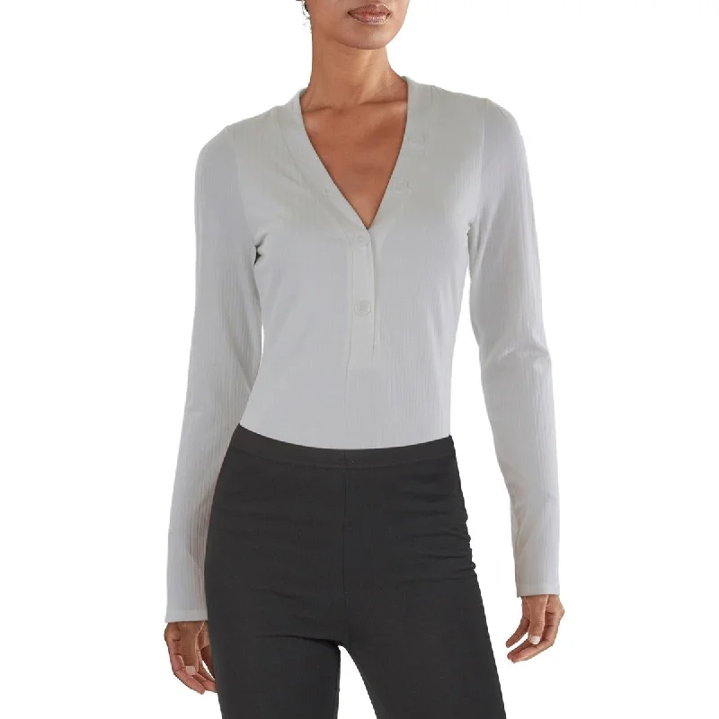 Womens Top V-Neck Bodysuit Stylish Faux Leather Bodysuit
