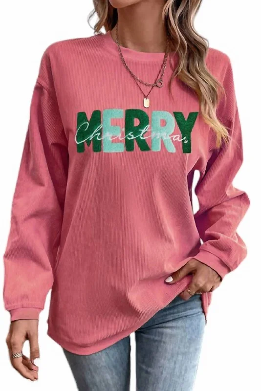 Merry Christmas Chenille Embroidered Corded Sweatshirt In Burnt Coral Graphic Hoodie Design Print