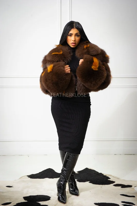 Women's Ariel Leather And Fox Combo Jacket [Brown] Zippered Front Buttoned Front Snap Front