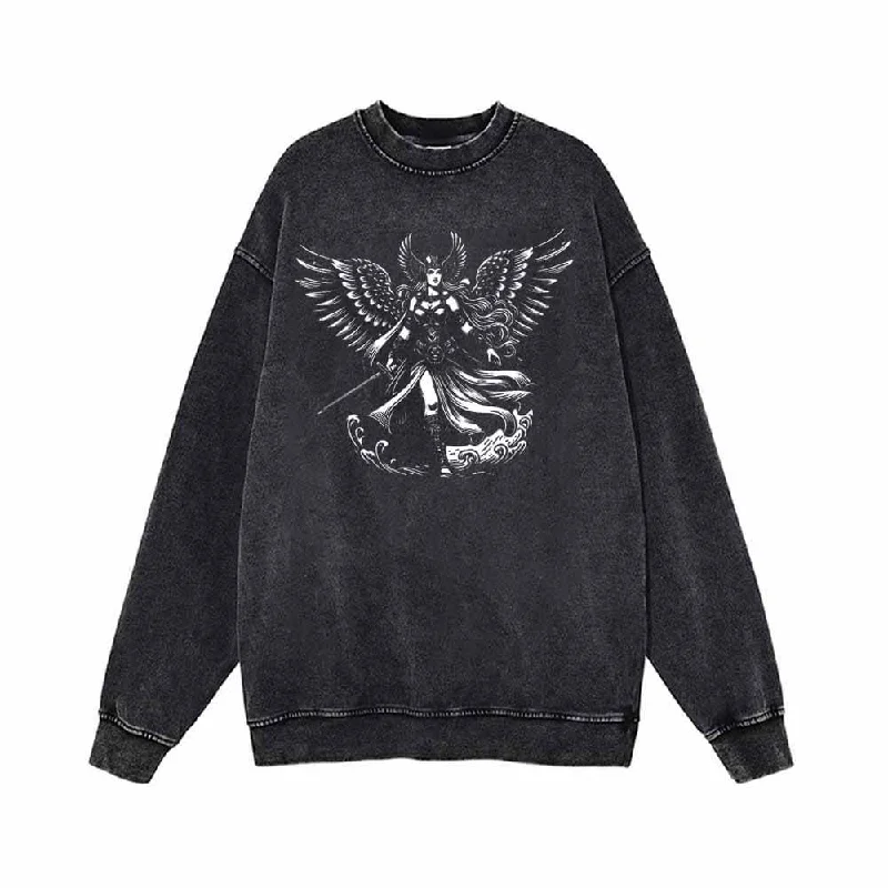Angel Valkyrie Pattern Vintage Washed Sweatshirt Hoodie with Slit Hem Functional Movement