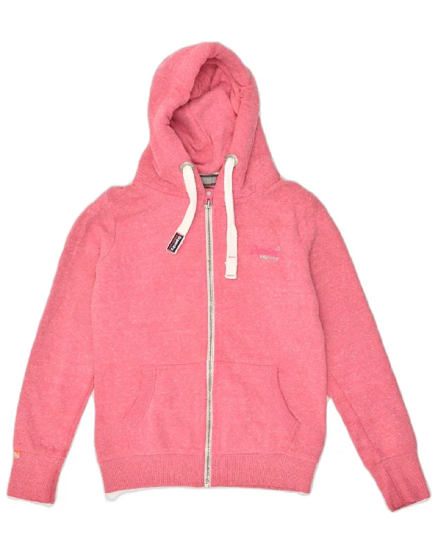 SUPERDRY Womens Zip Hoodie Sweater UK 6 XS Pink Flecked Cotton Hooded Caped Shawl Collar
