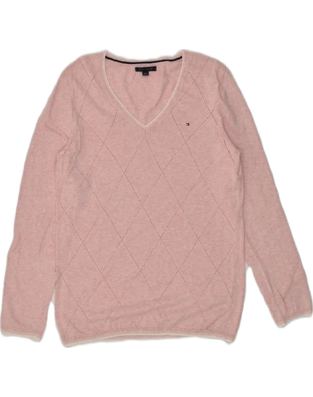 TOMMY HILFIGER Womens V-Neck Jumper Sweater UK 16 Large Pink Rayon Fabric Velvet Fabric Corduroy Fabric