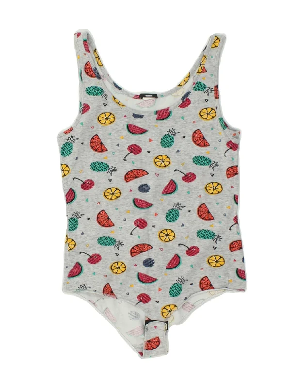 TEZENIS Womens Abstract Pattern Sleeveless Bodysuit UK 10 Small Grey Stylish Bodysuit with Peplum