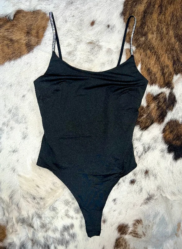 Crystal Strap Bodysuit in Black Trendy Sheer Lace Bodysuit
