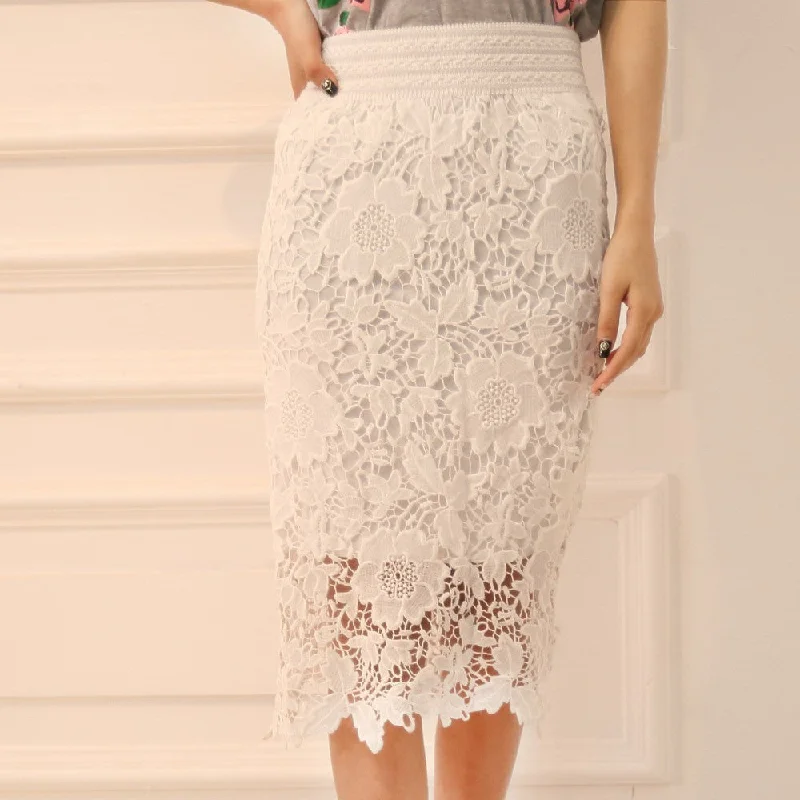 Women Lace Skirt A-Line Hollow Out White Black SKirt Knee Length Plus SIze S-3XL chiffon skirt delicate