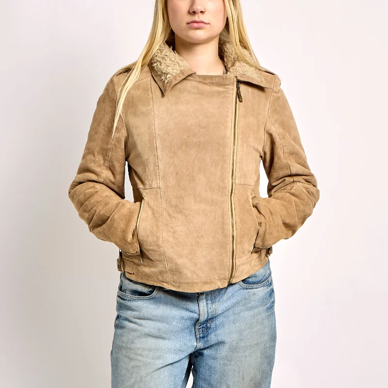 Asymmetric Zipped Fur Lined Suede Jacket - L Herringbone Jacket Checkered Jacket Solid Jacket