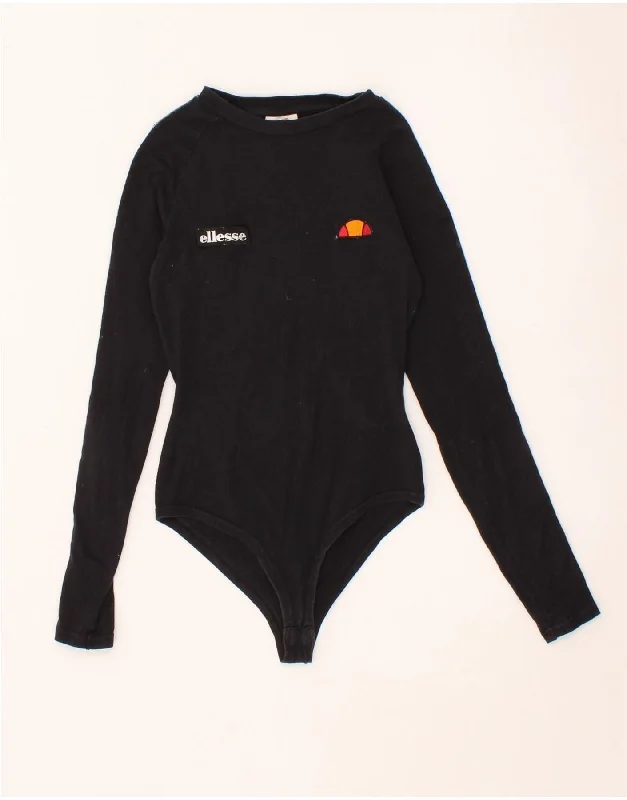 ELLESSE Womens Graphic Long Sleeve Bodysuit UK 0 2XS Black Trendy Sculpting Bodysuit