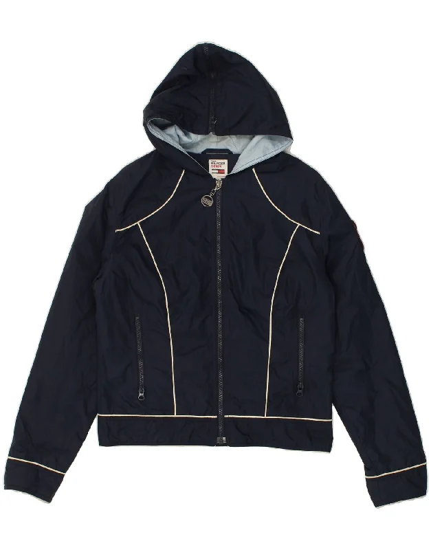 TOMMY HILFIGER Womens Hooded Rain Jacket UK 10 Small Navy Blue Nylon Insulated Jacket Fitted Jacket Loose Jacket