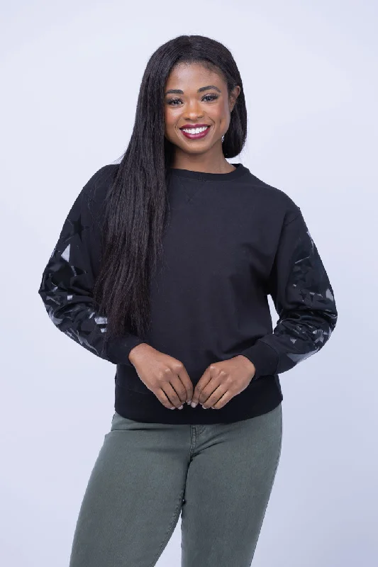Chrldr Multiple Stars Crew Sweatshirt in Black Hoodie with Lace Feminine Delicate