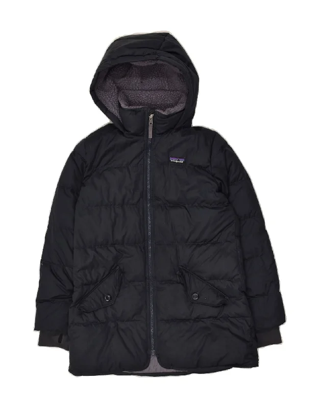PATAGONIA Womens Hooded Padded Jacket UK 12 Medium Navy Blue Polyester Trench Coat Raincoat Waterproof Jacket