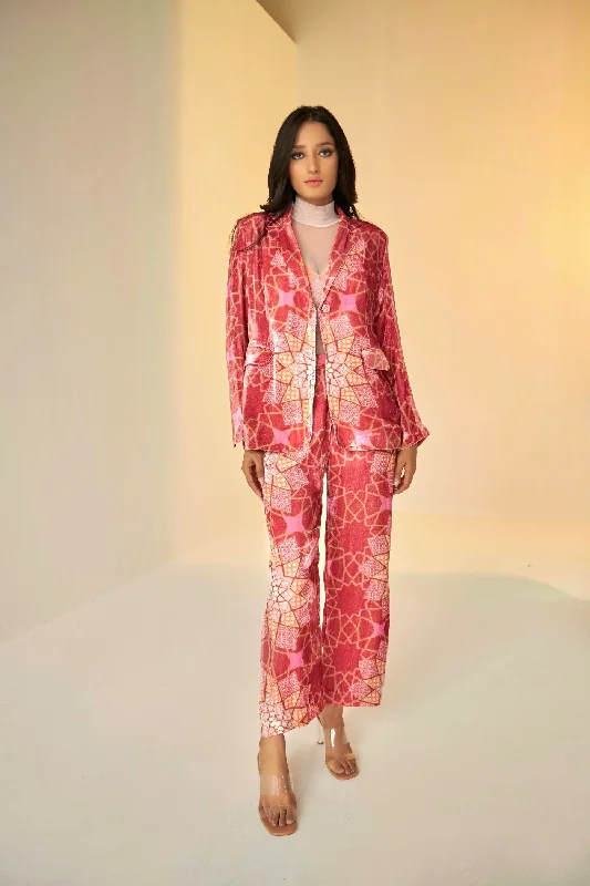 Rust- Bukhara Velvet Jacket And Pants Set With Bustier And Net Top Set Comfortable Maternity Pants