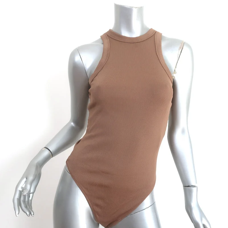 ANINE BING Ty Thong Bodysuit Brown Ribbed Knit Size Small NEW Elegant Lace Bodysuit for Evening