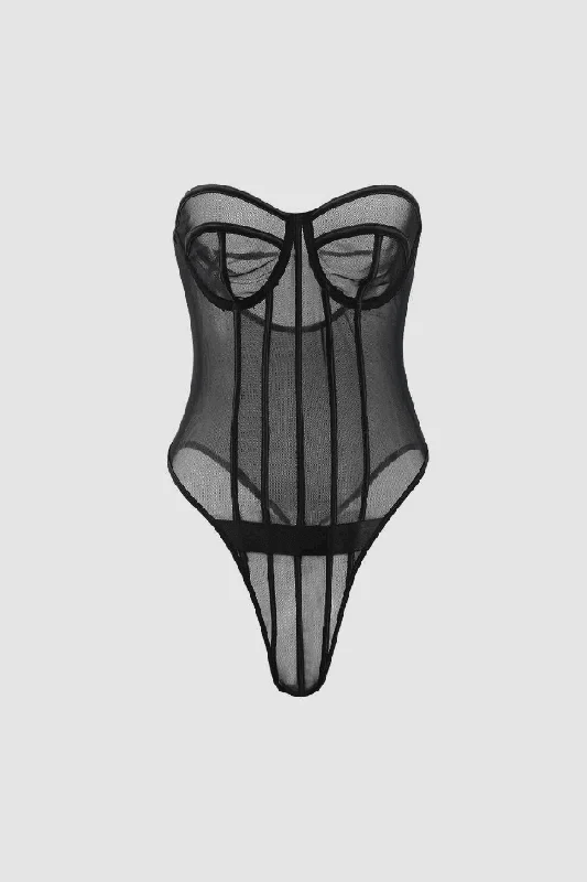 Sheer Mesh Strapless Corset Bodysuit Trendy Transparent Bodysuit