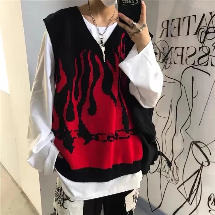 Red and Black Flame Sleeveless V Neck Sweater Vest Cable Knit Ribbed Knit Lace Knit
