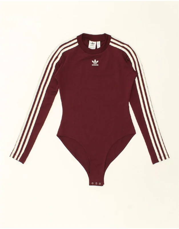 ADIDAS Womens Long Sleeve Bodysuit UK 6 XS Burgundy Polyester Stylish Mock Neck Bodysuit