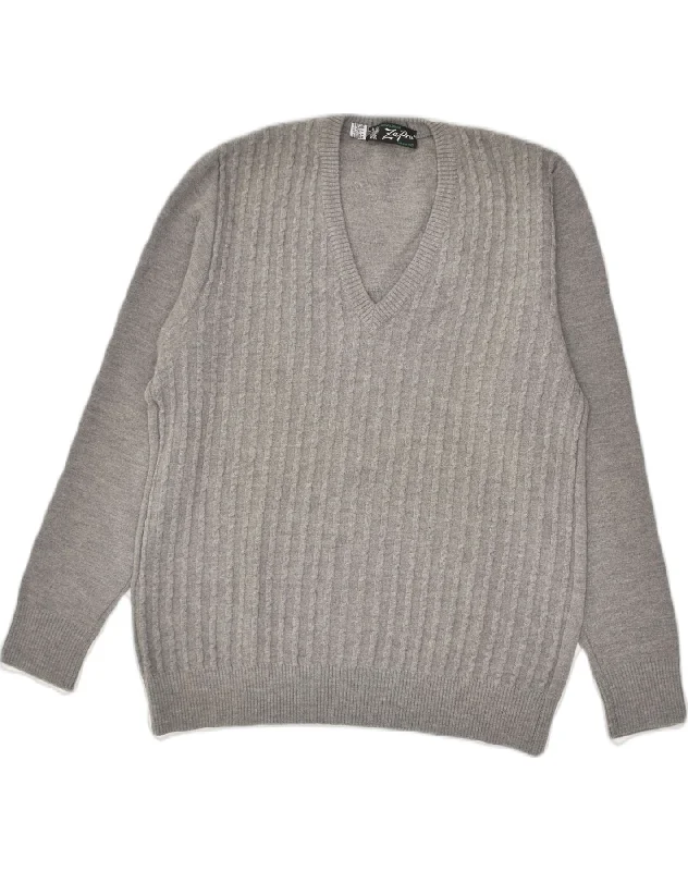 VINTAGE Womens V-Neck Jumper Sweater Small Grey Wool Chenille Brocade Lace